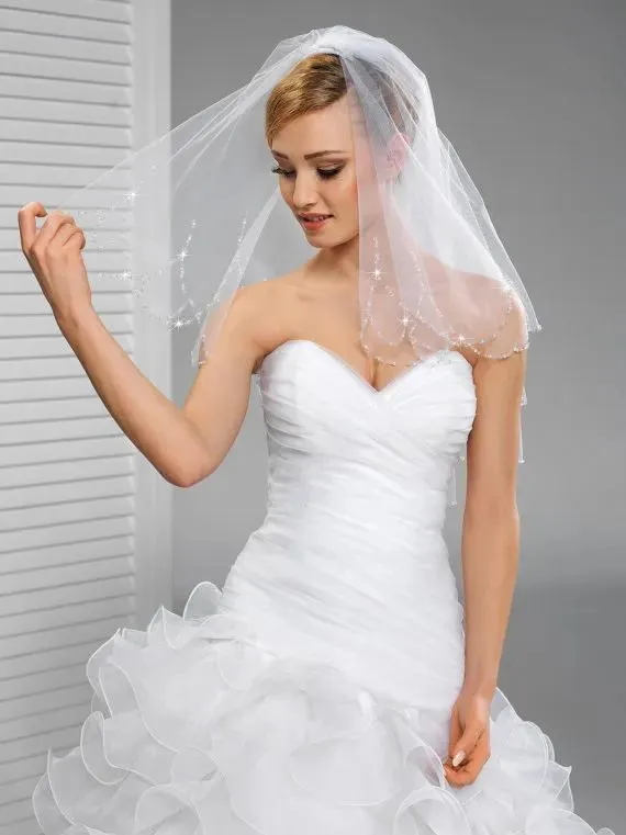 Voiles Nouveau Tulle Doux En Stock Vintage Bord Perlé Deux Couche Avec Peigne Lvory Blanc Épaule Longueur Voile De Mariage