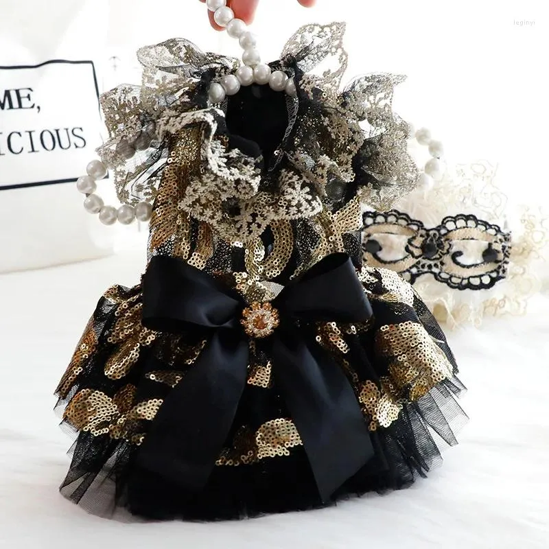 Ropa para perros Ropa para mascotas de lujo hecha a mano Moda Fino Negro Oro Encaje Lentejuelas Arco Fiesta Boda Princesa Vestido para Pequeño Caniche Mediano