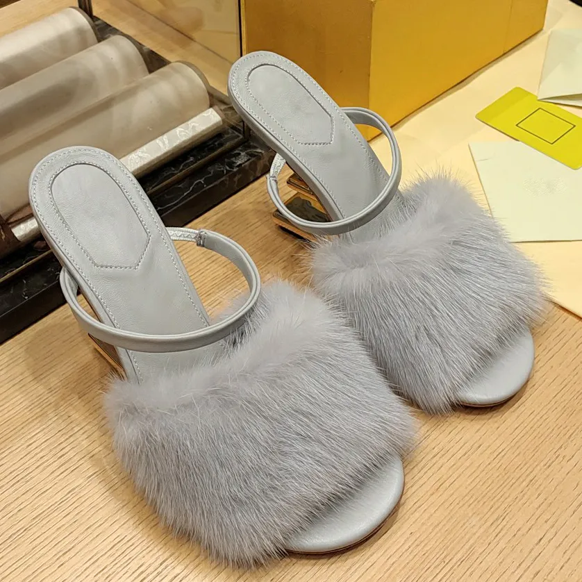 Designer chinelos sandálias sapatos de alta qualidade luxo vison cabelo lã real slides de couro genuíno 9cm mocassins de salto alto saltos anormais chinelo com caixa 35-42