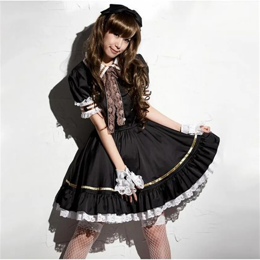 Shanghai Story Japanese Sweet Maid Dress Cosplay Maid Costume cute Lolita Apron Dress Set Service Costume Black220Y