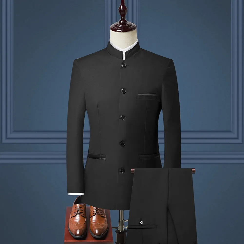 Esmoquin de boda, traje de cinco botones para hombre, solapa mandarín, chaqueta Formal de negocios para hombre, chaqueta, abrigo para esmoquin para novio, pantalones 215111512