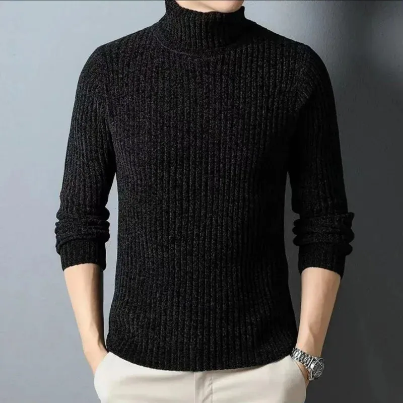 Autumn Winter Fold High Neck Sweater Mens Chenille Fashion Fleece Thick Warm Solid Braid Patchwork Long Sleeved Casual Knit Top 240115