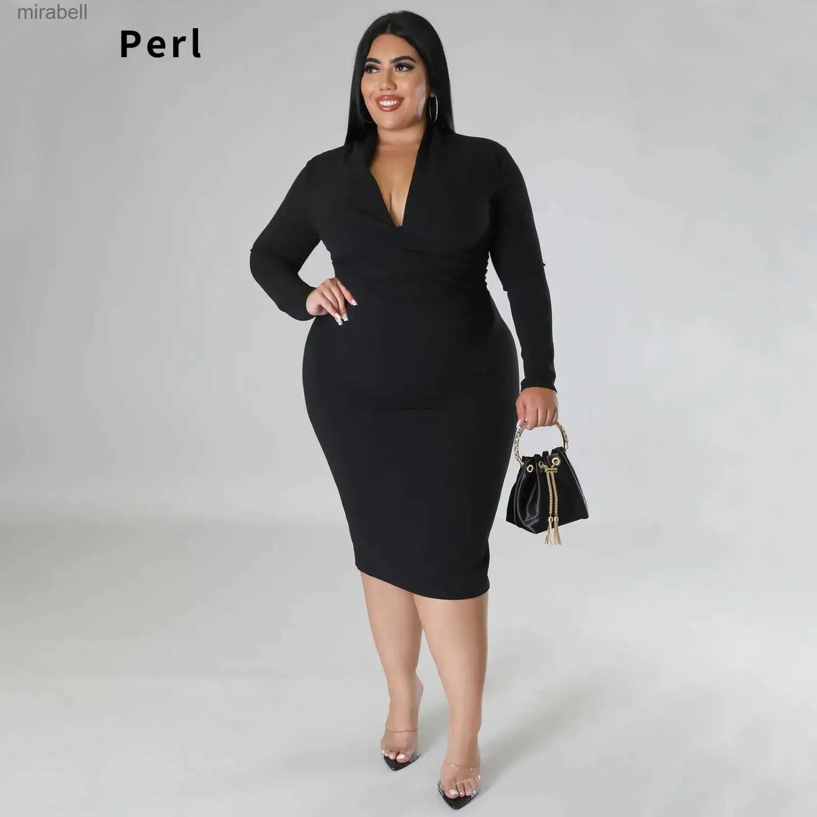 Basic Casual Jurken Perl Plus Size Volledige Mouw V-hals Lange Jurk Voor Vrouwen Elegante Herfst Outfit Gebogen Feestjurk Vestidos De Verano Mujer 2022 YQ240115