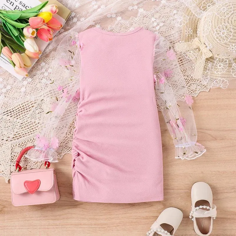 Flickklänningar Little Patchwork Dress Floral Brodery Sheer Long Sleeve Round Neck Side Ruched Fall Mini For Kids 4-7T