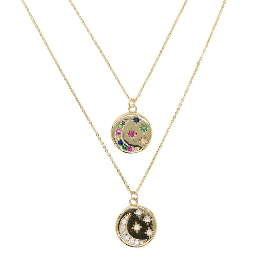 round disco coin necklace gold plated engraved white rainbow cz moon star shooting star design fashion necklaces316m