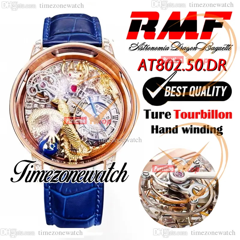 RMF AT802.50.DR Astronomia Tourbillon Механические мужские часы Iced Out Падение Багет с бриллиантами Желтое золото 3D Art Dragon Dial Leather Super Edition Timezonewatch A06E