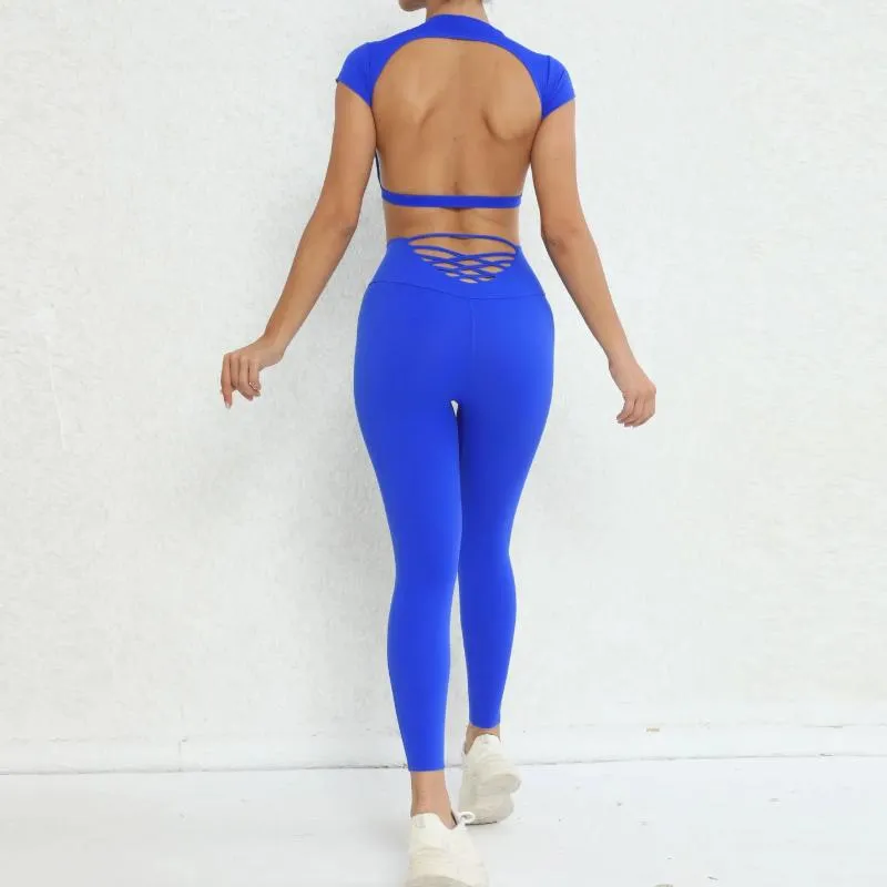 Kvinnors tvåbitar byxor backless uppsättningar sexig kort ärm 2 kvinnliga outfitgrupper sport kvinna kläder tröjor blå rosa svart kropp