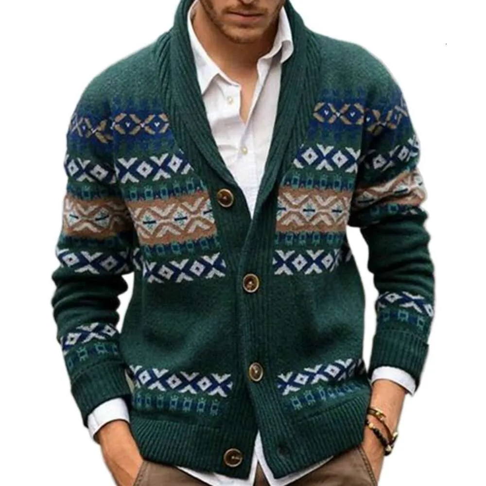 Men's Fashion New Autumn/Winter Knitted Cardigan Polo Collar Long Sleeve Jacquard Sweater Coat