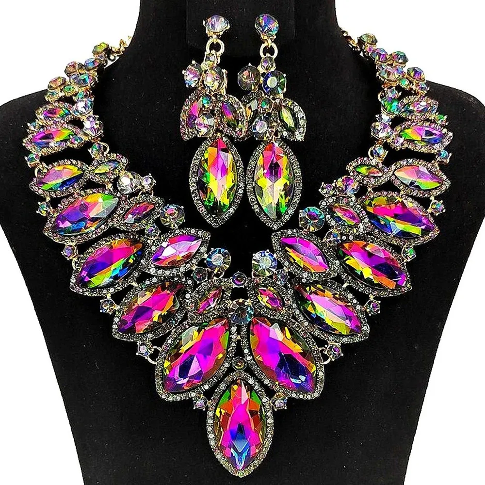 Stonefans strass goutte collier boucles d'oreilles ensemble pour femmes accessoires de fête cristal exagéré grands ensembles de bijoux de luxe 240115