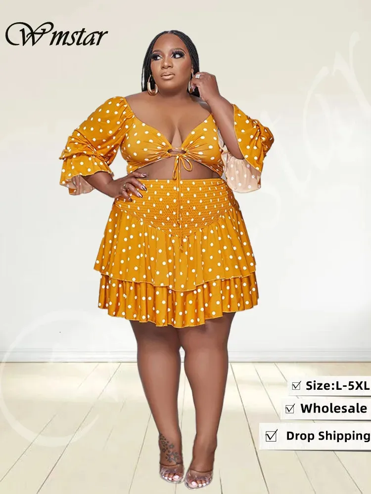 Wmstar Plus Size Women 2 Two Piece Outfits Sexy Crop Top and Mini Skirts Sets Dot Print Matching Wholesale Drop 240115