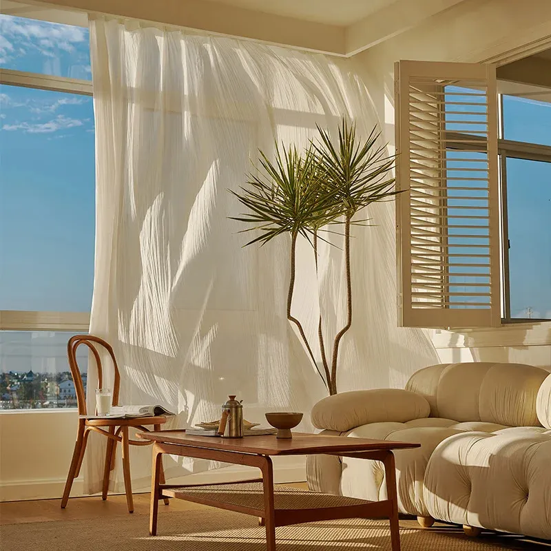 Японская льняная полупрозрачная марлевая занавеска для гостиной, теплая белая, высококачественная занавеска для спальни, высококачественные декоративные шторы 240115