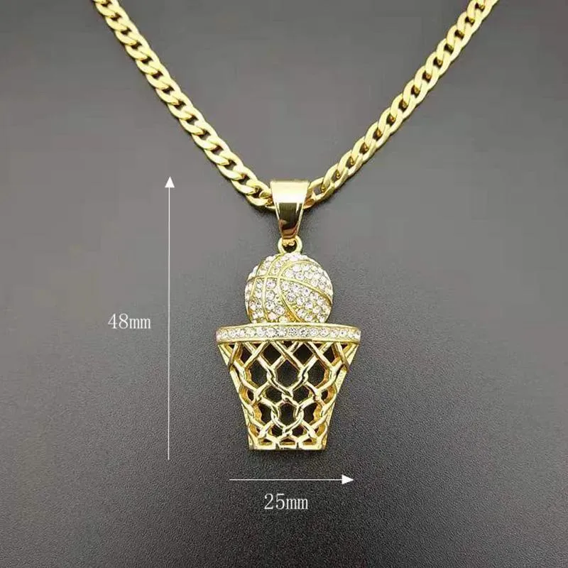 Necklaces Pendant Necklaces Hip Hop Rhinestones Paved Bling Iced Out Gold Stainless Steel Basketball Basket Pendants Necklace Men Rapper Jew