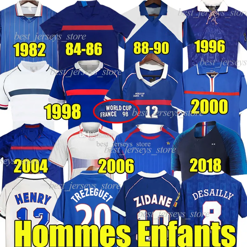 1998フレンチクラブレトロサッカージャージ1982 84 86 88 90 96 98 00 02 06 18 ZIDANE HENRY MAILLOT DE FOOT POGBAフットボールシャツRezeguet Desailly Classic Vintage Men Kid Kit