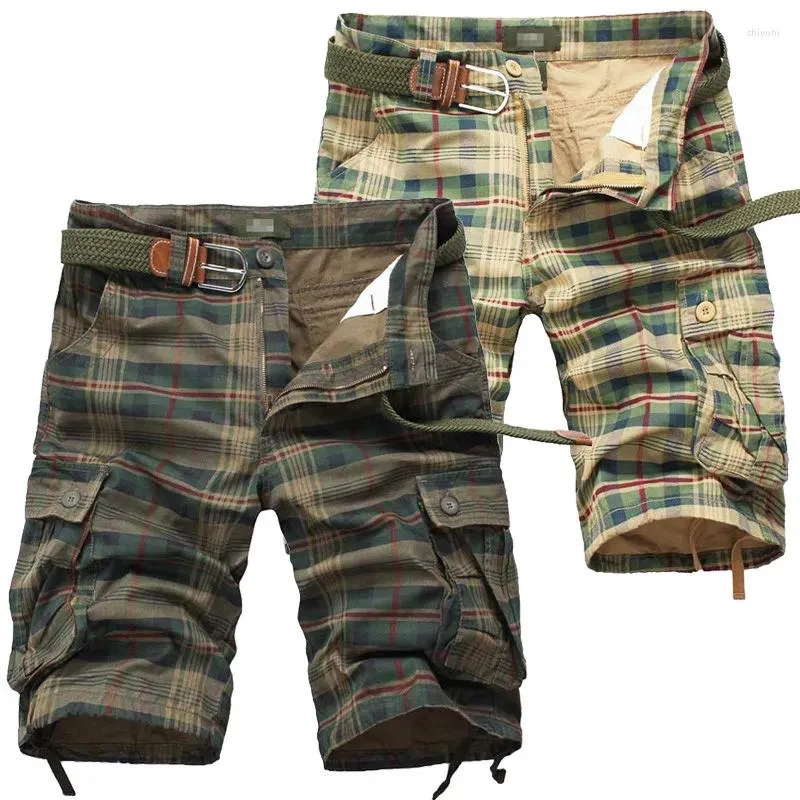 Men's Shorts Mens Military Cargo Plaid Beach Summer Male Cotton Loose Multi-Pocket Trousers Homme Casual Bermuda Overalls