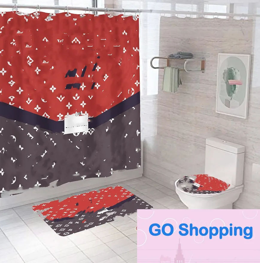 Classic Printed Shower Curtains Set Designer Carpet Toilet Seat Cover Floor Mat Bathroom Non Slip Mats Sets 3 Piece Set