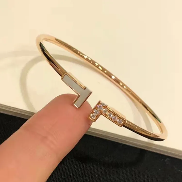 Luxury designer double T bracelet classic diamond designer jewelry 18K rose gold White fritillaria enamel bangle for women men brithday gift