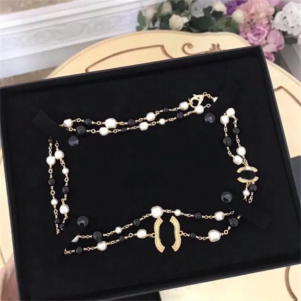 Designer Pendant Necklaces Double Letter C Gold Crysatl Pearl Rhinestone Sweater Necklace Women Wedding Party Cclies Jewerlry 787689