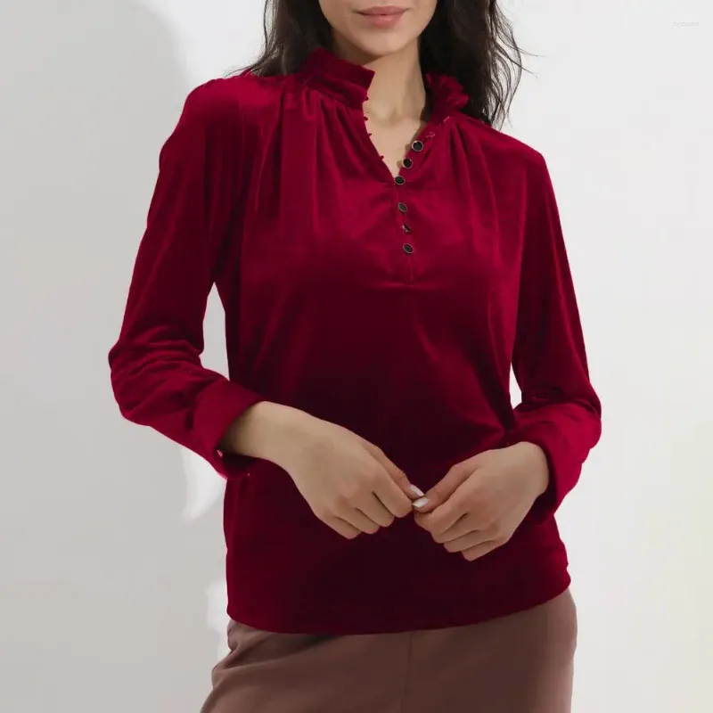 Camicette da donna Primavera e Autunno Colletto alla coreana Camicia casual pullover allentato in velluto dorato a maniche lunghe tinta unita