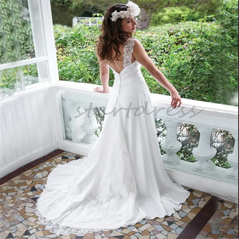 Robe de mariée délicate Gatsby Beach 2024 Sexy col en V blanc dos nu bohème boho robe de mariée balayage train dentelle rustique pays robes de mariée Robe de mariée élégante