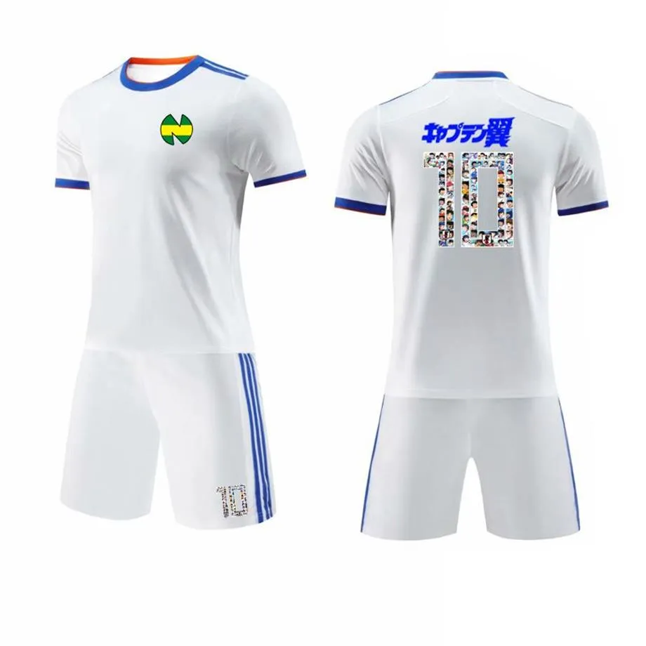 Criança masculina tamanho maillots de pé capitão tsubasa cosplay traje branco camisas de futebol japão frança espanha kits ozora oliver atom foo195n