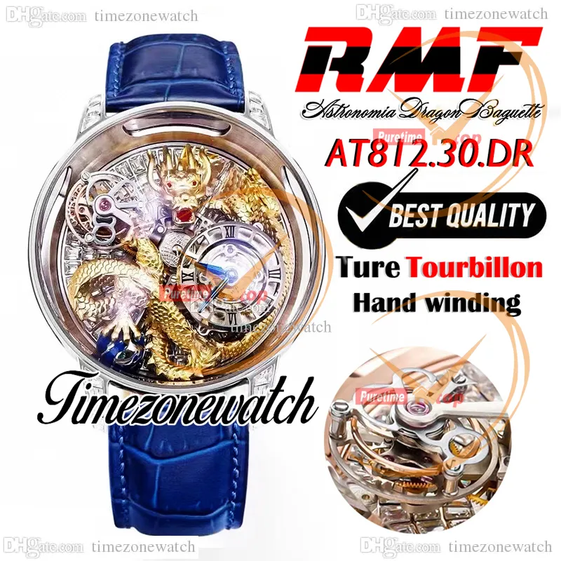 RMF AT812.30.DR Astronomia Tourbillon Montre mécanique pour homme Glacé Pavé Baguette Diamants Art 3D Or Dragon Cadran Cuir Super Edition Timezonewatch A06F