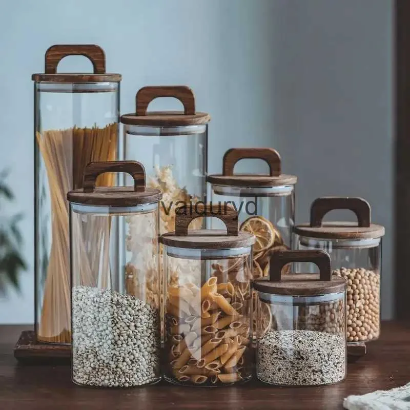 Ensembles d'organisation du stockage des aliments Réservoir de stockage en verre de cuisine japonaise Stockage scellé Couvercle en bois massif de grains de café à grains grossiers de grande capacitévaiduryd