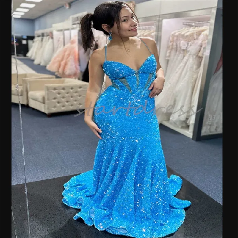 Sparkle Blue Sequin Prom Dress Hater Mermaid Plus Size Corset Lace Up Evening Gowns Elegant Women Formal Birthday Dress Plus Size Sweep Train Vestio De Fiesta