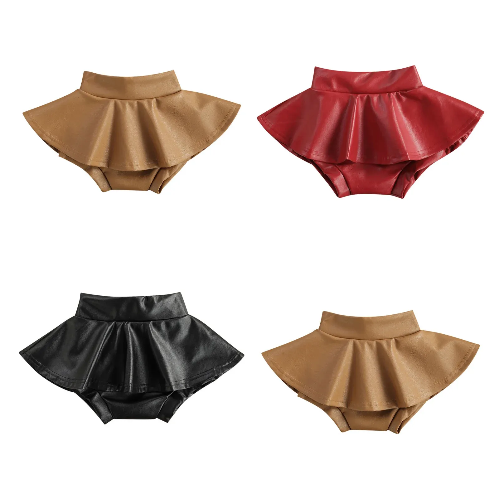Princess Kids Baby Girls Culottes kjolar Solid Color Pu Leather Ruffled High Midj Shorts Pantsskirts For Born Baby Girls 240115