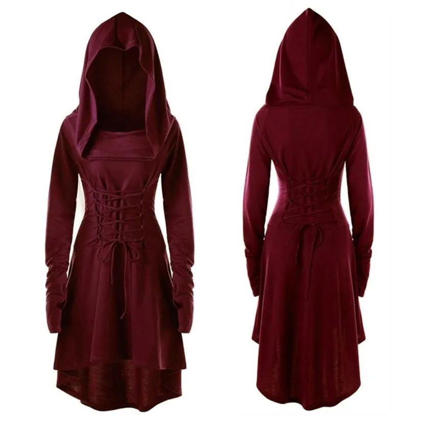 S-5XL Lady Hooded Dress Middle Ages Renaissance Halloween Archer Cosplay Costumes Vintage Medieval Bandage Party Vestido272V