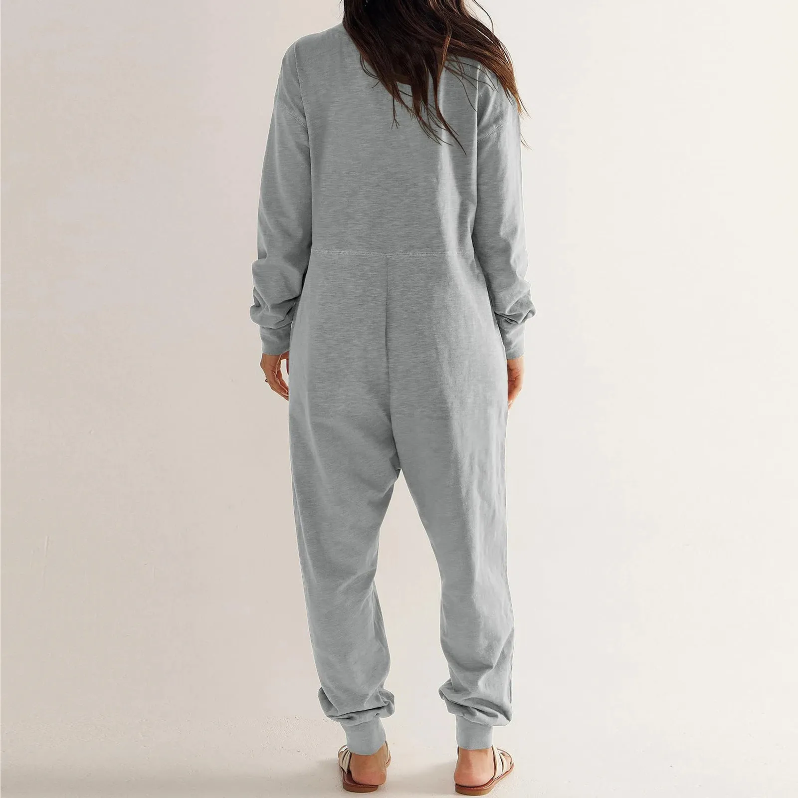 Kvinnor långärmad jumpsuits med Pocket Lounge pyjamas onesie stilfull nattklänning romper lös romper bodysuit casual nattklänning 240115