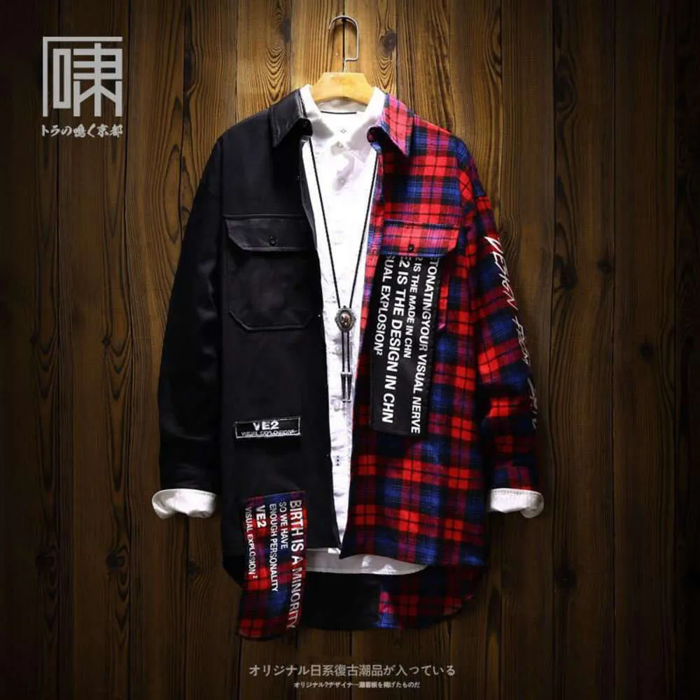 Ins Brand Hip Hop Splice Plaid Sleeve Loose Fashion Men's Long China-chic Shirt Jacket BF