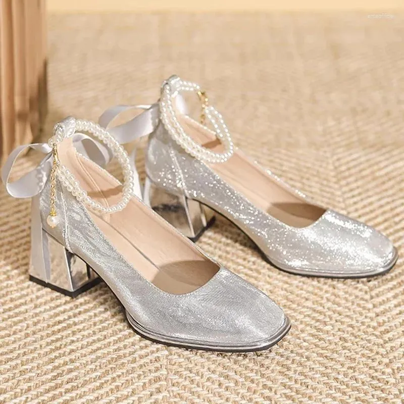 Dress Shoes Luxury String Bead High Heels Women Bow Elegant 2024 Designer Chunky Square Toe Pumps Zapatillas Femme