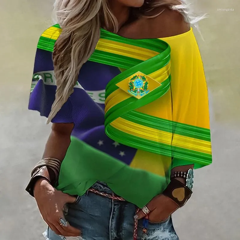 T-shirts voor dames Brazilië Vlag damesschilderijshirt Los nationaal embleem 3D-print Zomermeisje Off-shoulder Tops