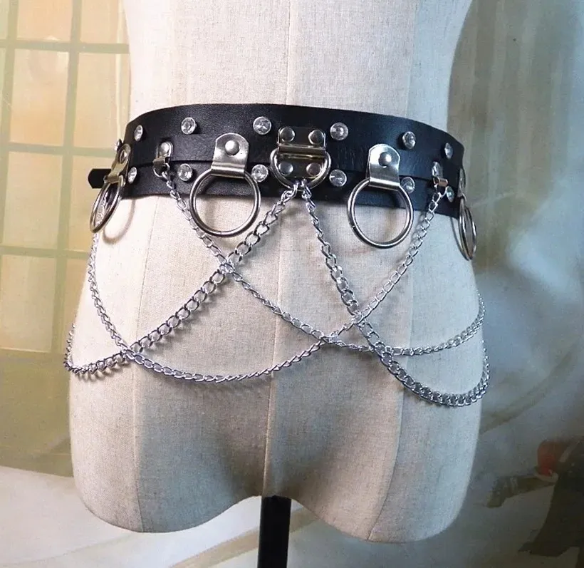 Harajuku Unisex Mannen Vrouwen Brede Taille Riemen PU Cirkel Punk Gothic Chain Link Metalen Band Mode Punk Riem 240115