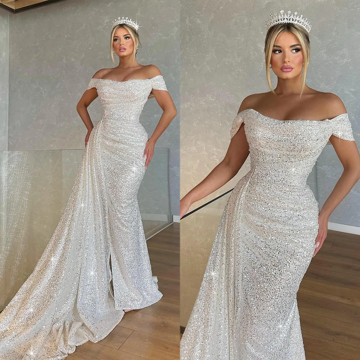 Abiti da sposa con paillettes scintillanti con spalle scoperte e paillettes da sposa, treno staccabile, maniche corte, abiti da sposa realizzati su misura