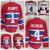 Men Retro Hockey 4 Jean Beliveau Jersey Vintage Classic 1 Jacques Plante 5 Bernie Geoffrion 9 Maurice CCM Team Color Red White All Shirt