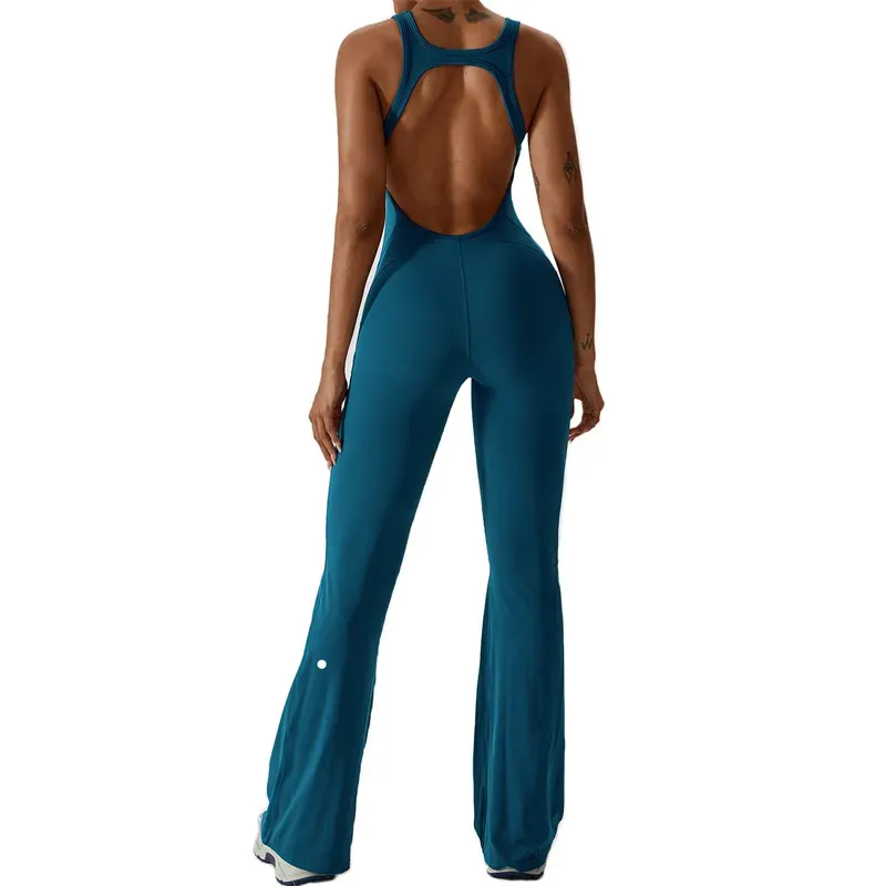 LL-8117 Womens Jumpsuits One Piece Yoga Outfits Sleeveless Close-fitting Dance Jumpsuit Long Pants Fast Dry Breathable Bell-bottoms Pants