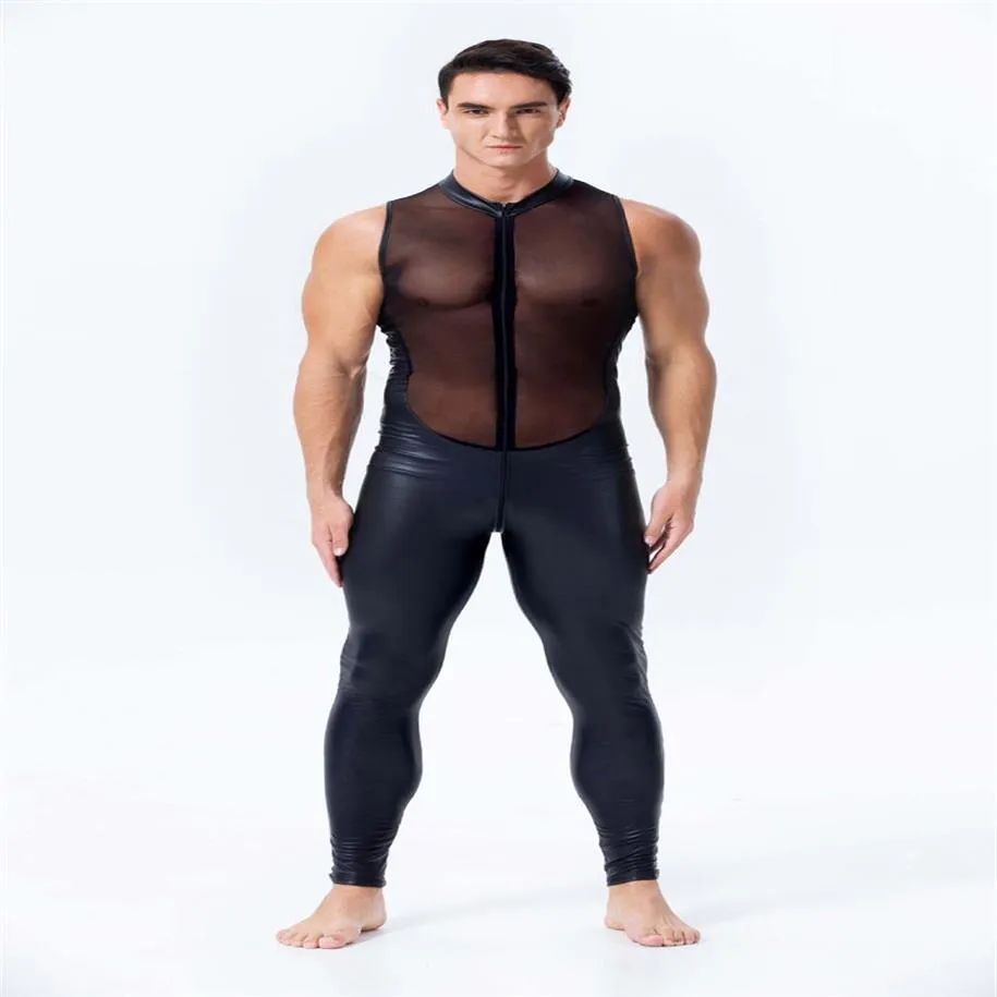 New Design Men Faux Leather Jumpsuit Sexy Mesh Stretch Catsuit Sleeveless See Through Bodysuit Male Zipper Open Crotch Clubwear293f