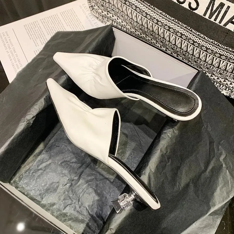 Pantoufles d'été à bout pointu pour femmes, sandales décontractées en cuir, talons chaton en cristal, Mules Slingback à enfiler, chaussures pour femmes