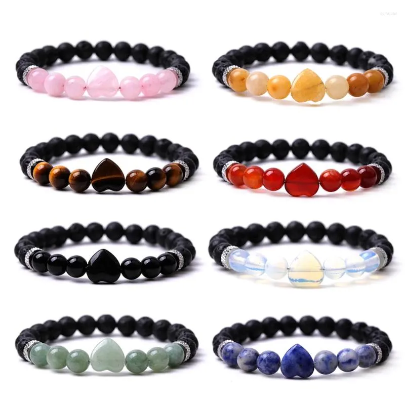 Charm Armbanden 8mm Zwarte Lavasteen Natuurlijke Rozenkwarts Topaas Tijgeroog Agaat Hart Armband Stretch Sieraden Voor vrouwen Mannen