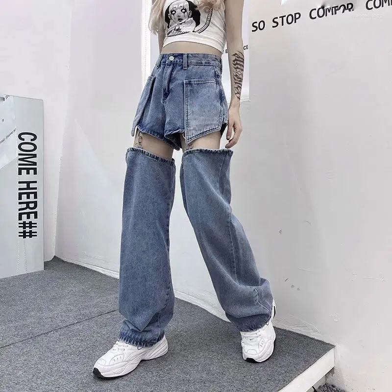 Kvinnors byxor amerikansk stil retro kryddig tjej sexig avtagbar bred ben jeans för kvinnor mode trend streetwear sommar