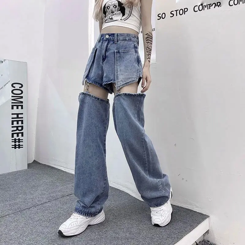 Women's Pants American Style Retro Spicy Girl Sexy Detachable Wide Leg Jeans For Women Fashion Trend Streetwear Summer