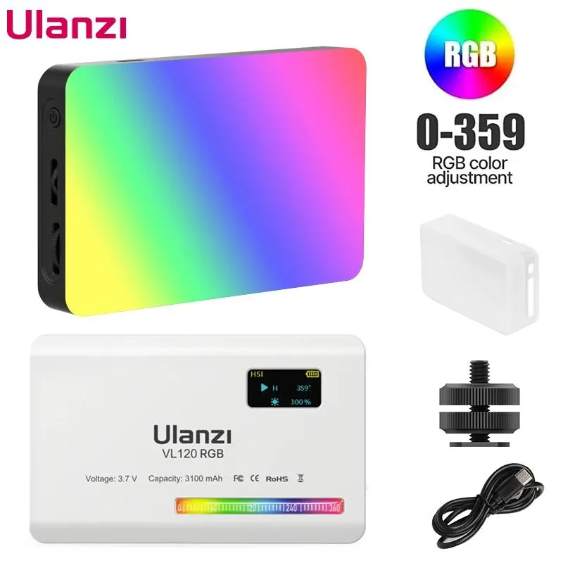 Sacs Ulanzi Vl120 RVB lumière de caméra avec diffuseur 25009000k Cri 95 + 3100mah panneau de lumière vidéo LED pour caméra téléphone photographie lumières