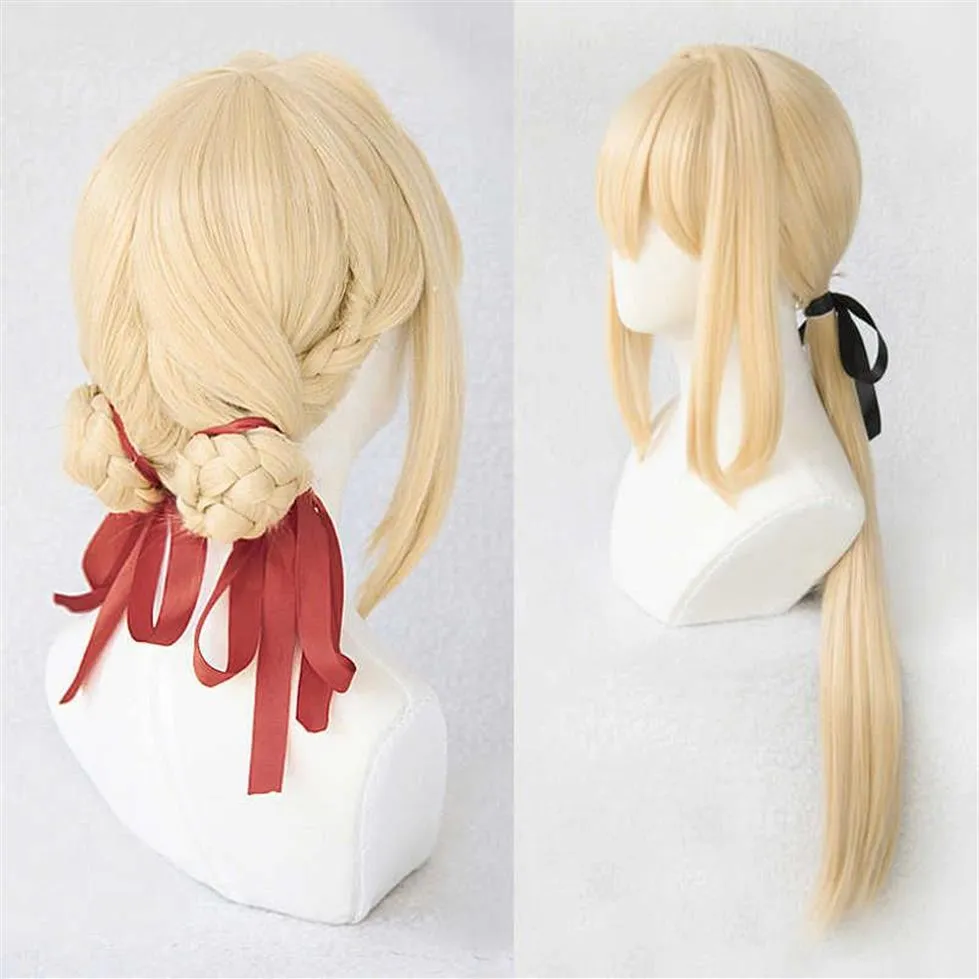 Violet Evergarden Ponytail Braid Bulls Blonde hårvärmebeständig cosplaydräkt peruk Cap Ribbon Y09032076