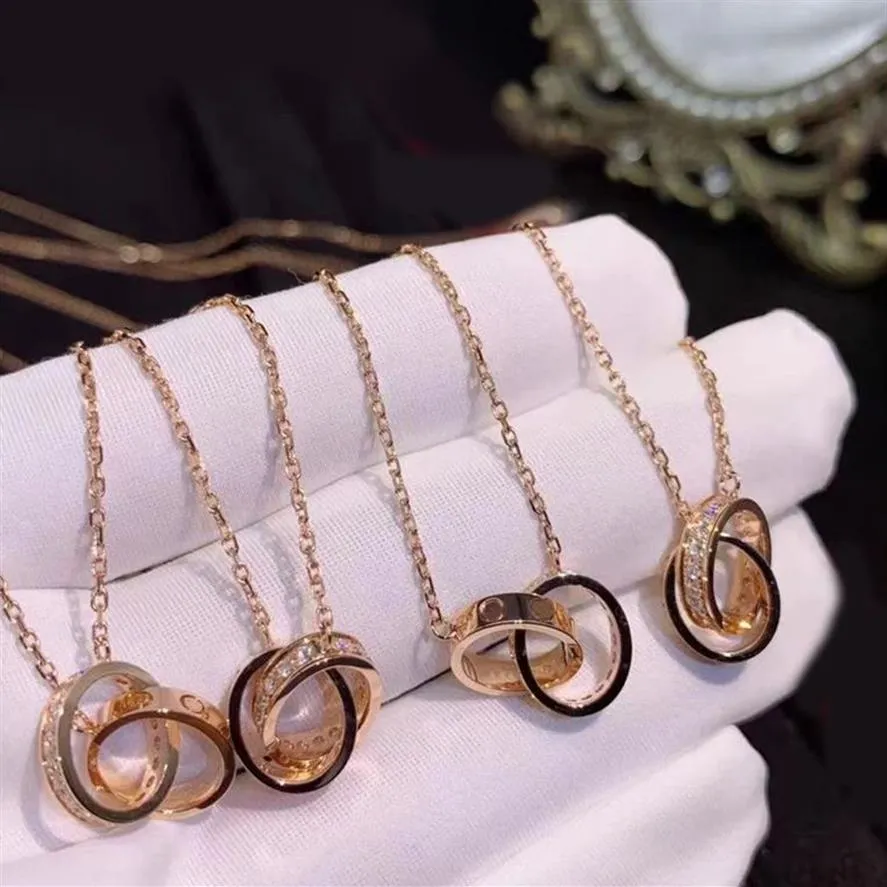 Collier de créateur double anneaux amour collier en or plaqué diamant élégant chaînes exquises pour hommes vis glacé colliers pendentif2537