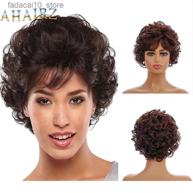 Synthetic Wigs Short Curly Wig Dark Brown Synthetic Wig with Bangs for Women Natural Bob Wigs Heat Resistant Q240115