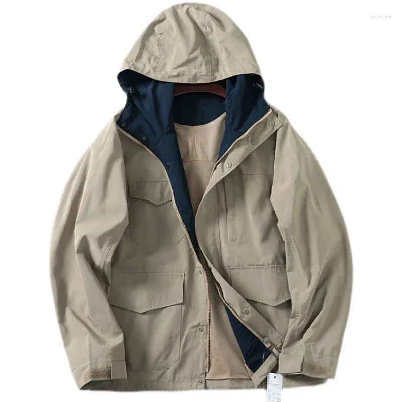 Men's Jackets Hooded Multiple Pockets Hiking Jacket Mens Japanese Style Waterproof Breathable Cargo Coat Male Vintage Solid Streetwear