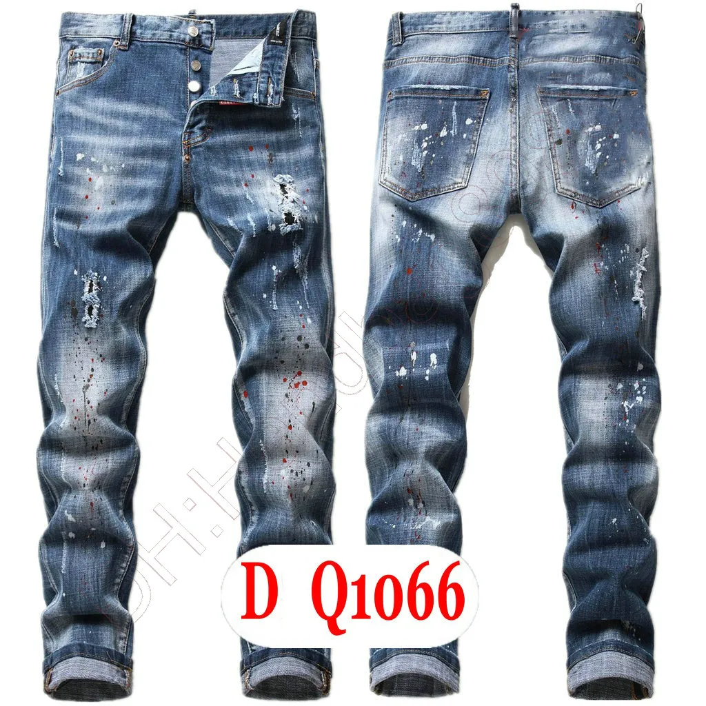 Mens Jeans Luxury Italy Designer Denim Jeans Men Embroidery Pants DQ21066 Fashion Wear-Holes splash-ink stamp Trousers Motorcycle riding Clothing US28-42/EU44-58