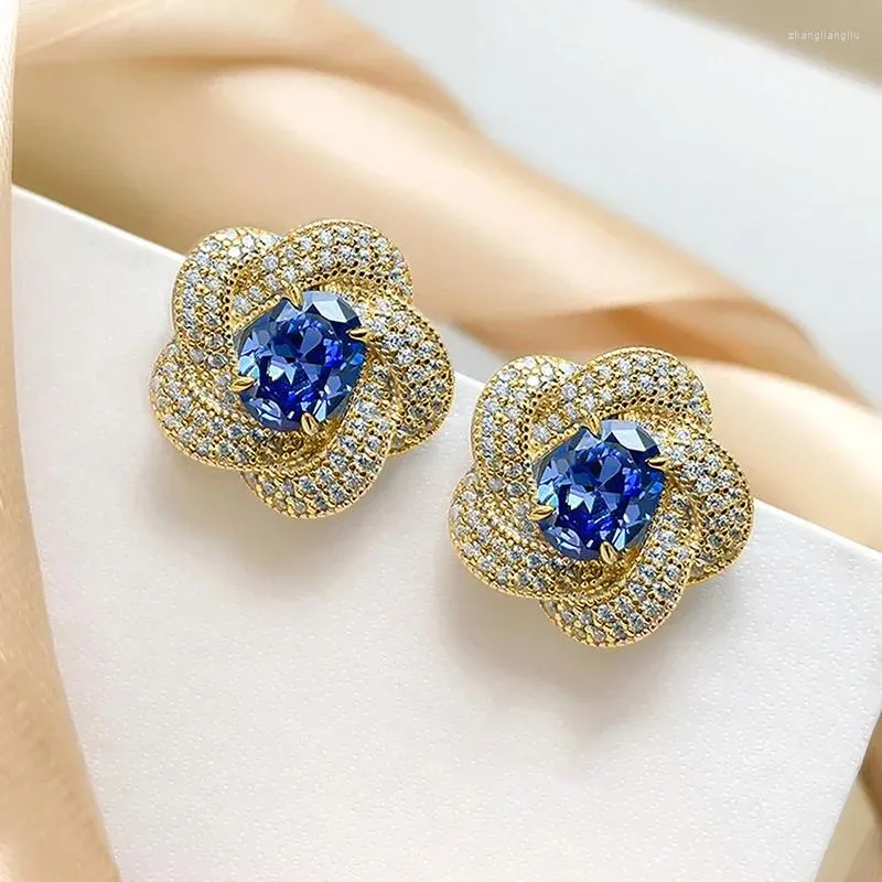 Stud Earrings Aesthetic Flower For Women Luxury Gold Color Blue Cubic Zirconia Floral Wedding Trendy Jewelry