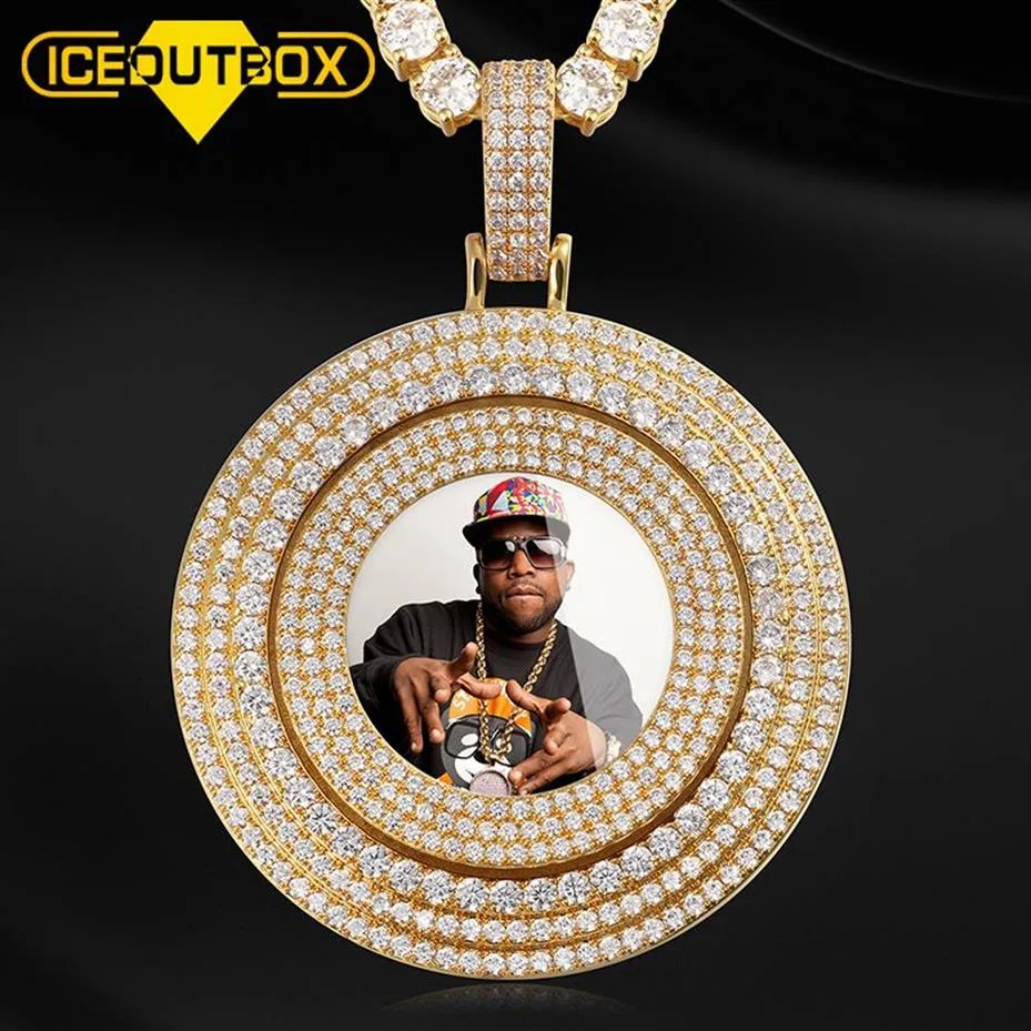 Hänge halsband Big Spin Round Custom Picture Memory Medallions Solid Pendant Necklace Ice Out Full of Crystal Mens Hip Hop Pers263e